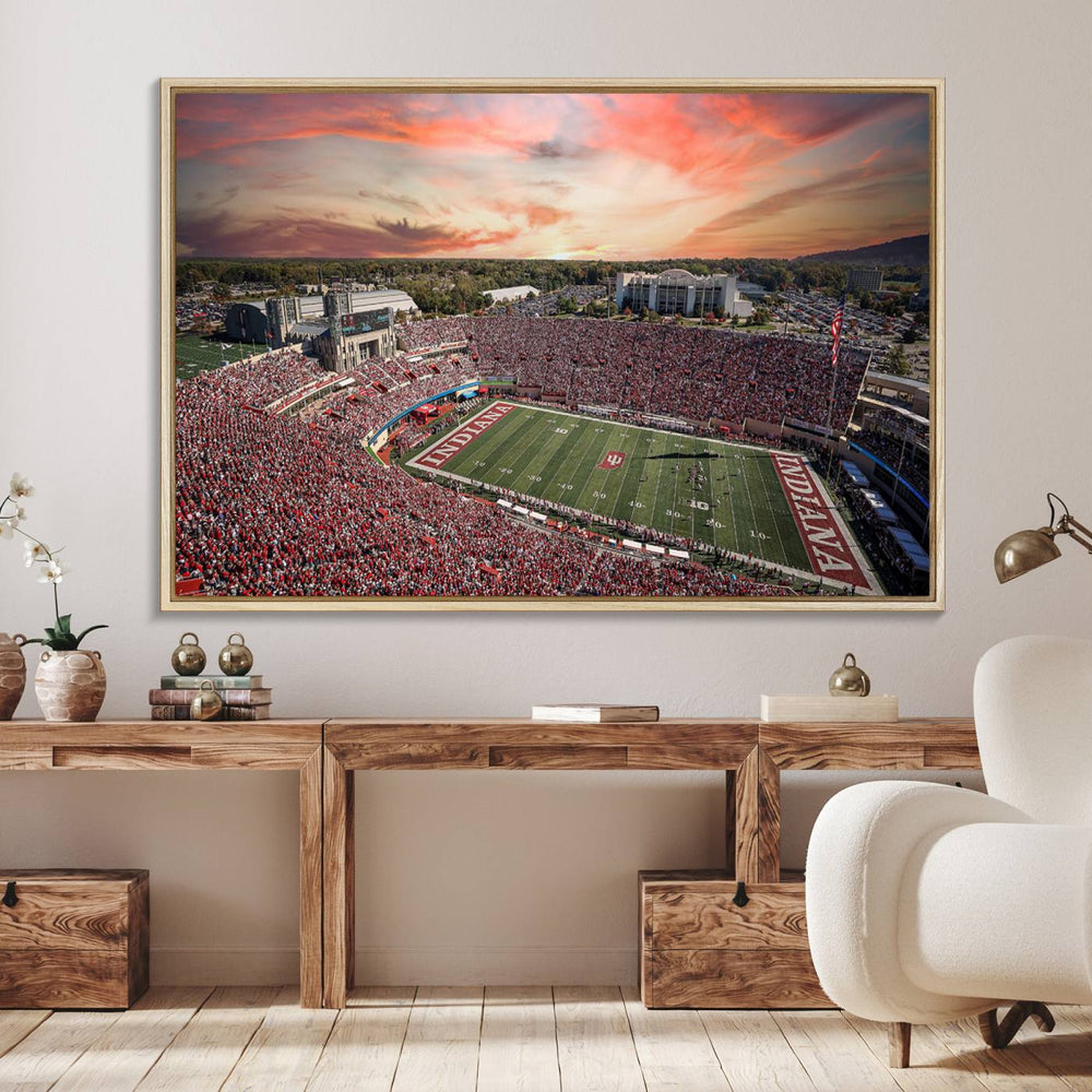 Gallery-quality Indiana Memorial Stadium Wall Art Canvas: A stunning view of the stadium at sunset.