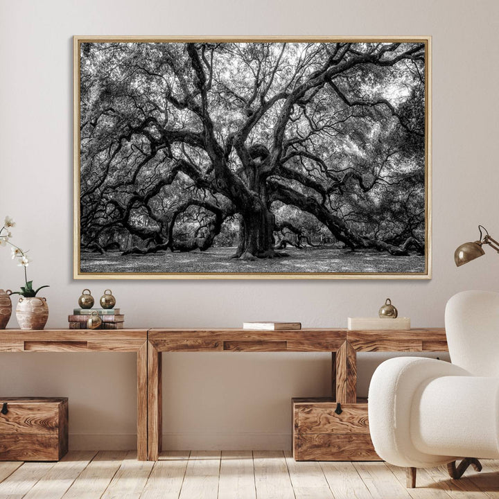 The Black and White Old Angel Oak Tree Canvas Print enhances the modern dining room.