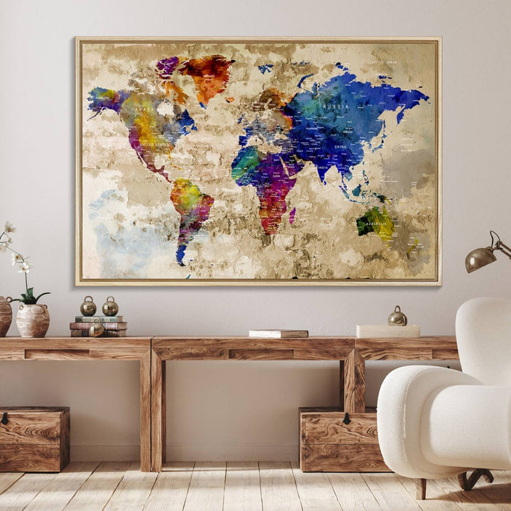 Watercolor World Map Canvas Print with gallery-wrapped edges.