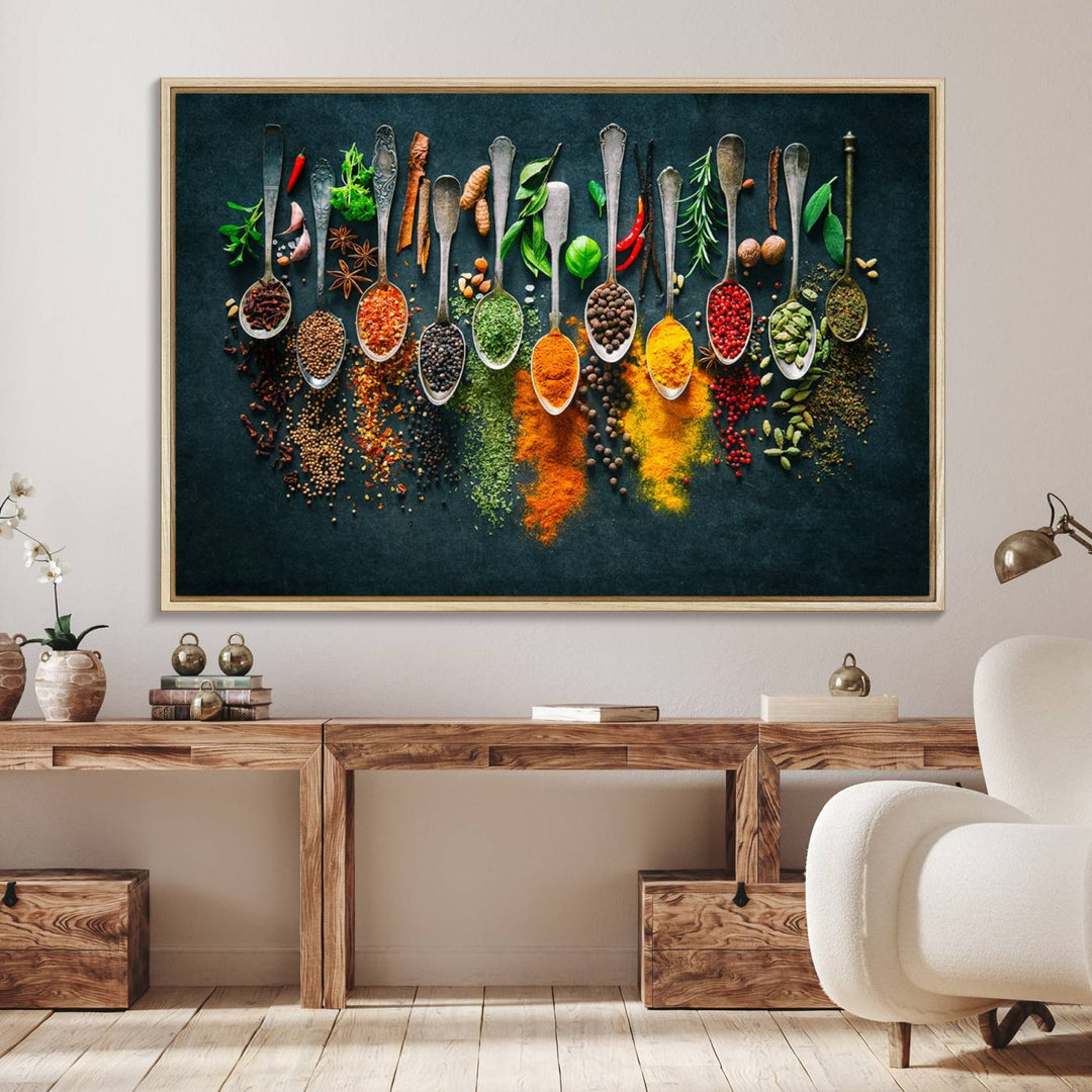 The Herbs and Spices Kitchen Wall Art Canvas Print showcases colorful spices elegantly arranged on spoons.