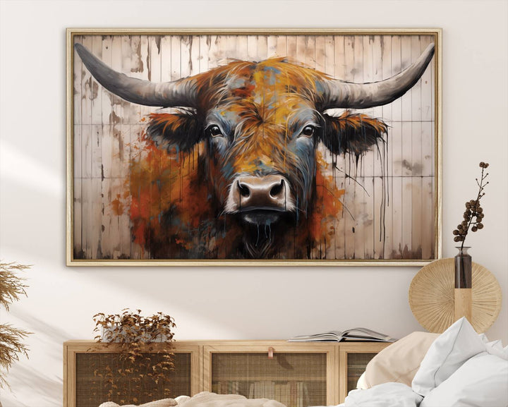 Scottish Highland Cow Cattle Art Print on Wood Style Background