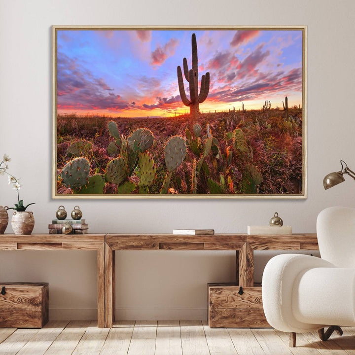 The Arizona Desert Sunset Wall Art Canvas Print featuring cacti is displayed.