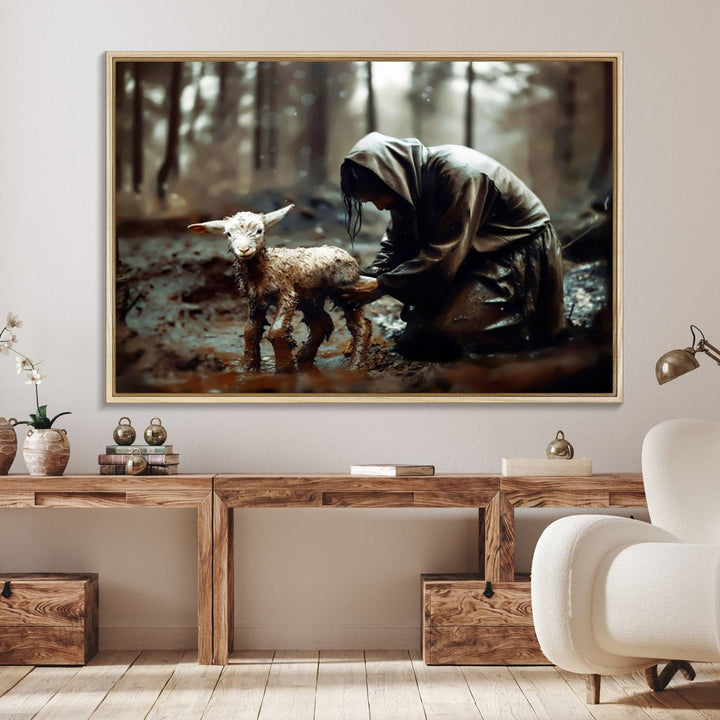 Jesus Lost Lamb Wall Art: A cloaked figure tends a lamb in a muddy forest.