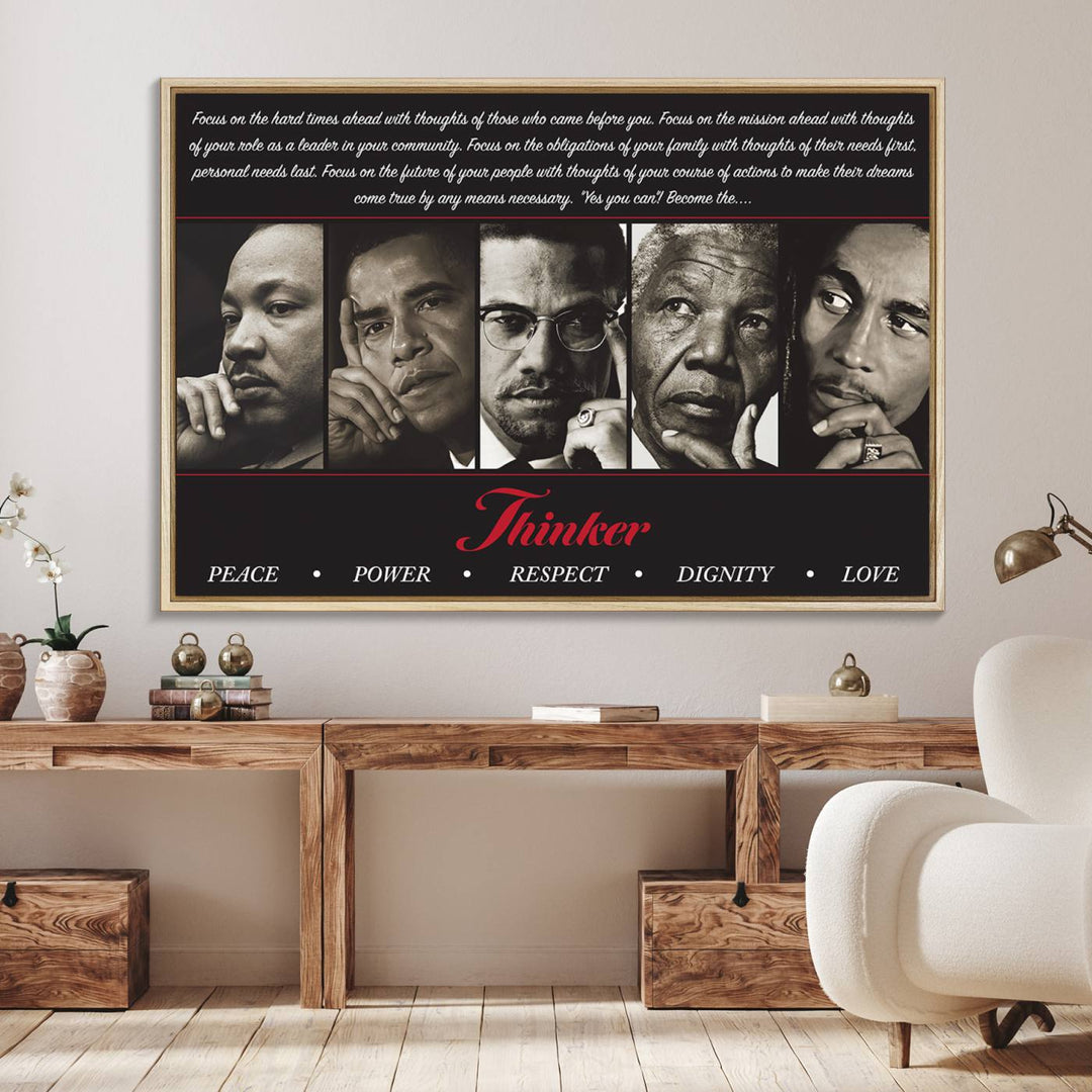 The Thinkers of Wall Art Canvas Print features icons of peace, power, and respect; it is framed and ready to hang.