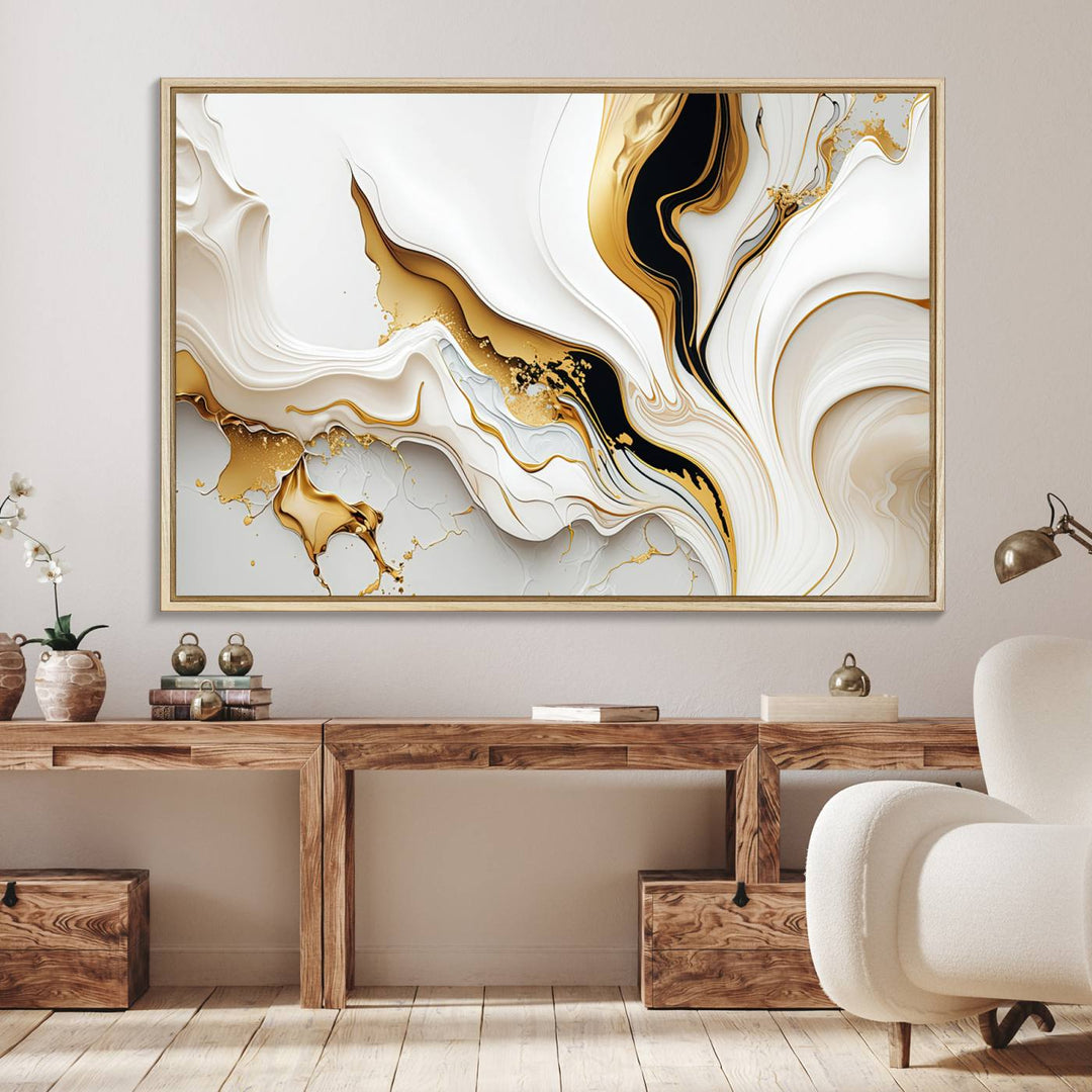 Modern interiors showcase Gold Waves on Pure White Canvas.