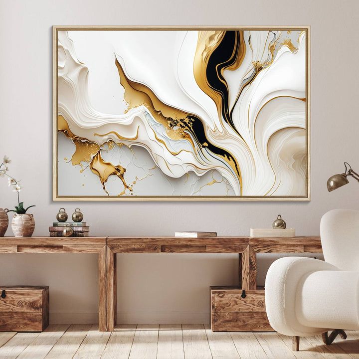 Modern interiors showcase Gold Waves on Pure White Canvas.