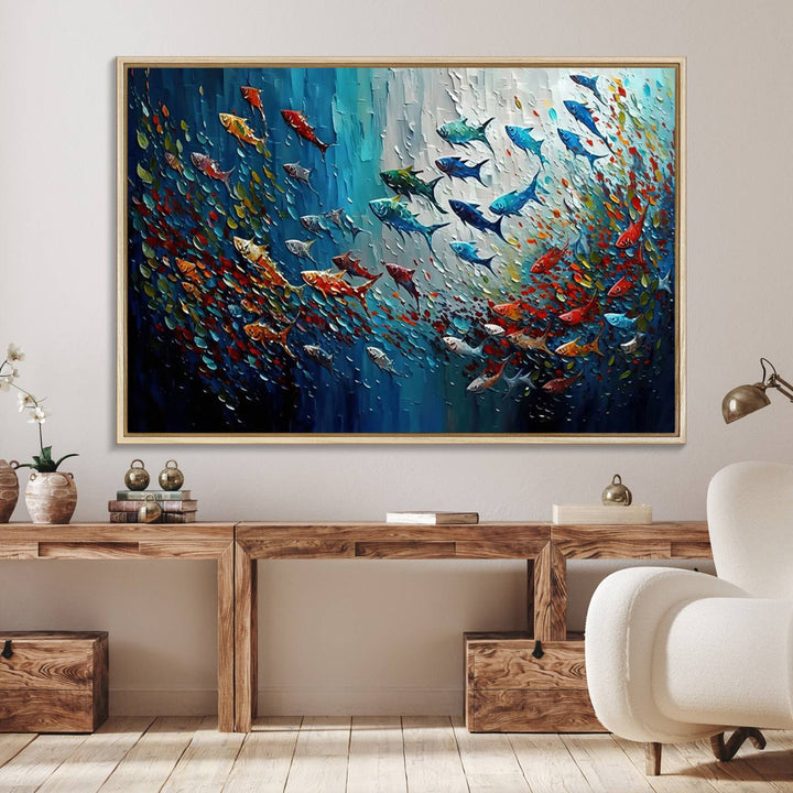 Modern Abstract Fish Shoal Wall Art features blue, red, and orange fish.