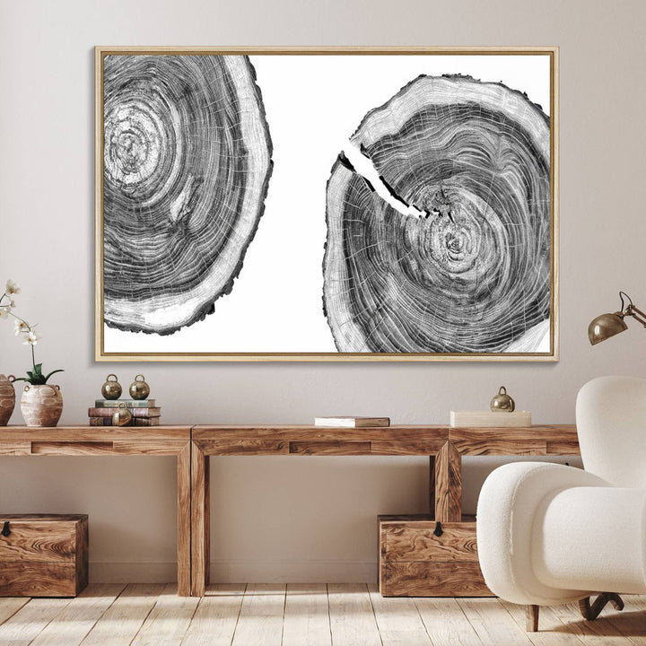 The modern black and white tree rings canvas art adds minimalist geometric decor with nature inspiration.