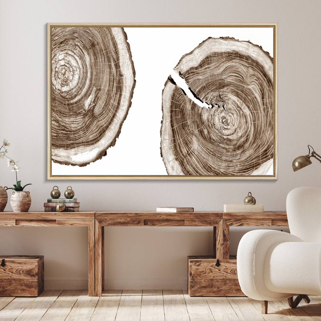 Wood Tree Ring Wall Art on a minimalist black and white canvas.