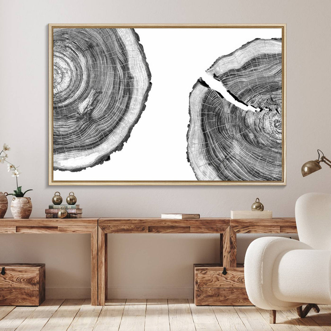 The minimalist art piece Abstract Large Tree Rings on canvas creates a striking focal point.