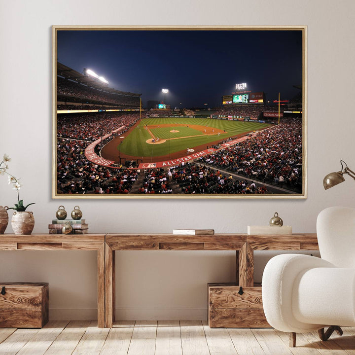 Aerial view of an LA Angels game at night, captured as stunning wall art on premium canvas, handmade in the USA.