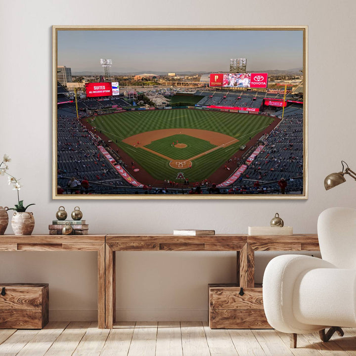 Aerial view of Angel Stadium, perfect as gallery-quality wall art - Los Angeles Angels Canvas Print.