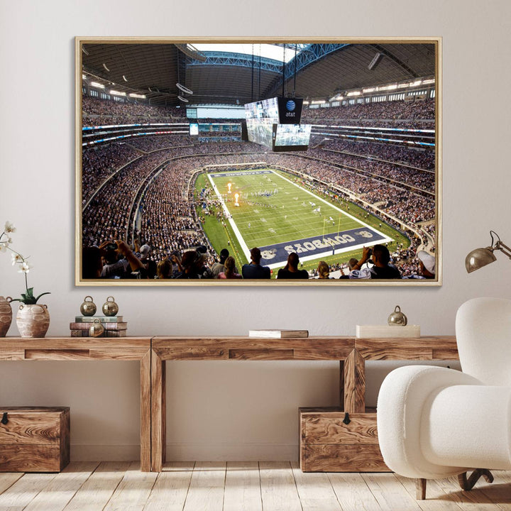 The wall art is a Dallas Cowboys AT&T Stadium Canvas Print, showcasing the iconic logo.