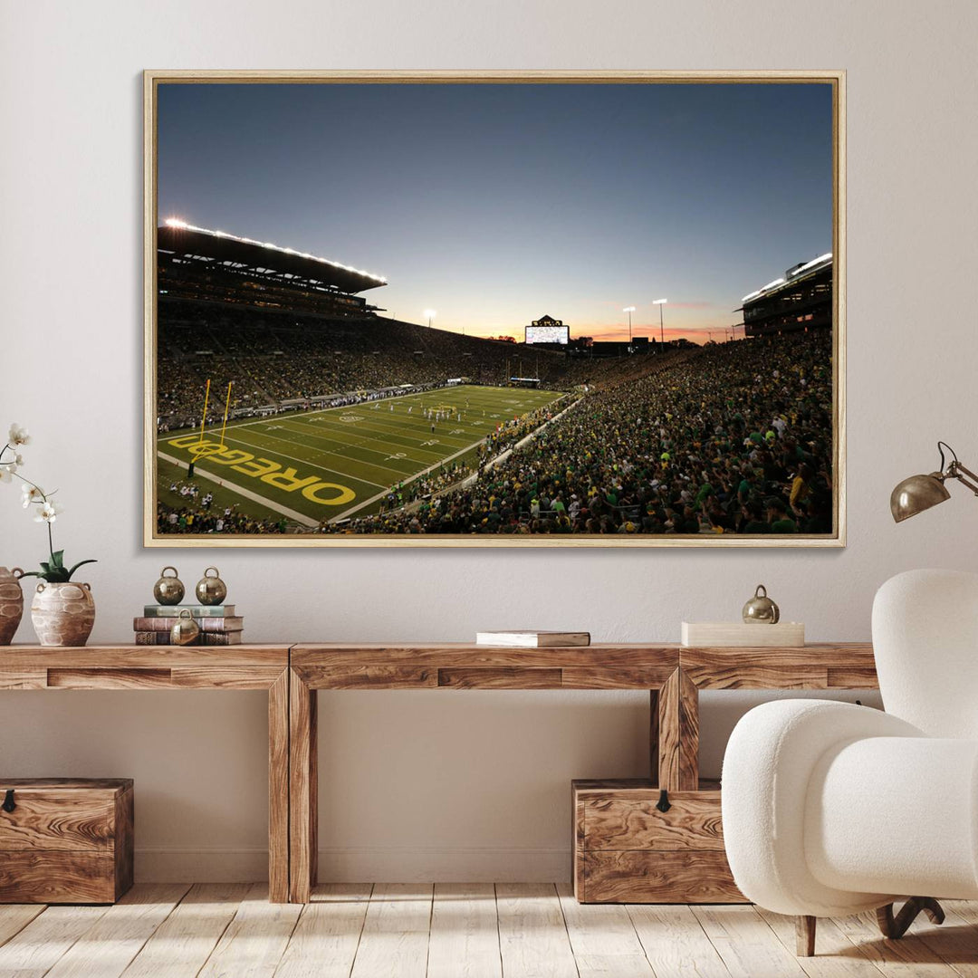 Canvas artwork depicting an Oregon Ducks football game at Autzen Stadium, capturing a sunset and packed stands.