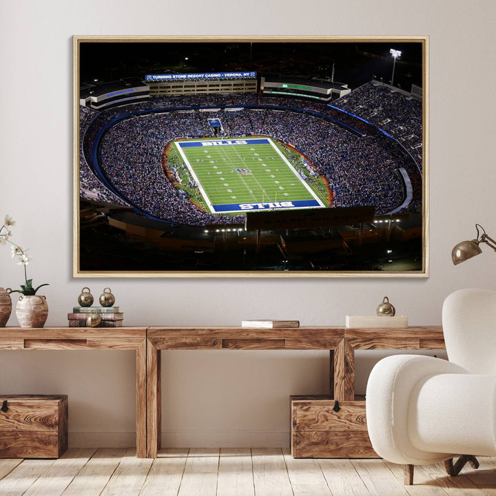 Aerial view of football stadium at night, featuring Buffalo Bills Highmark Stadium Wall Art.