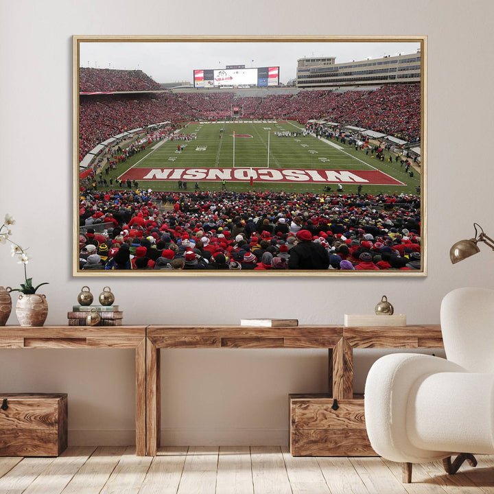 The wall art depicts WISCONSIN in red and white, similar to Wisconsin Badgers Football Canvas Art.