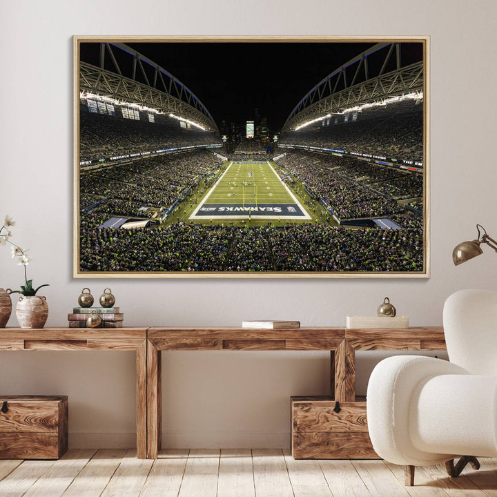 Handmade Seattle Seahawks Stadium Canvas Wall Art Print featuring an aerial view of Night football at CenturyLink Field marked Seahawks.