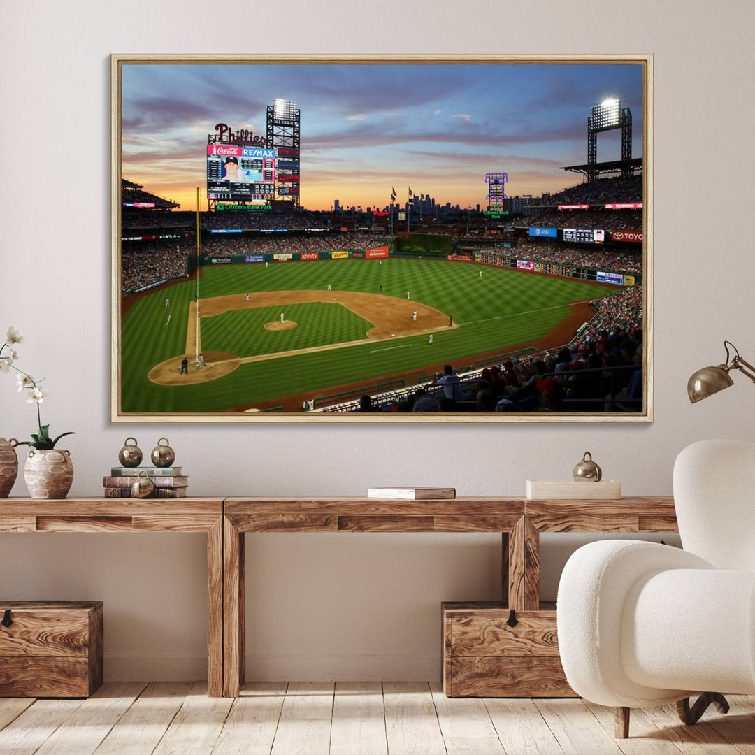 A sunset game at Citizens Bank Park depicted on a 3-panel Phillies canvas.