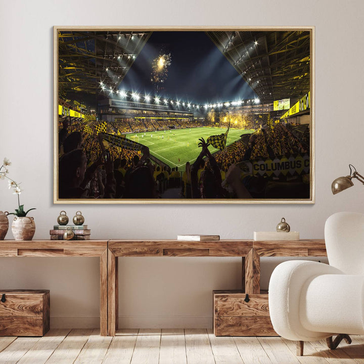 The wall art canvas print captures a packed soccer stadium scene with fans and fireworks.