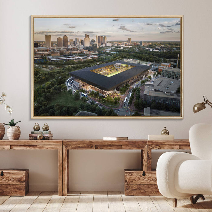 The Columbus Crew Soccer Stadium canvas art adds a vibrant touch to the room.