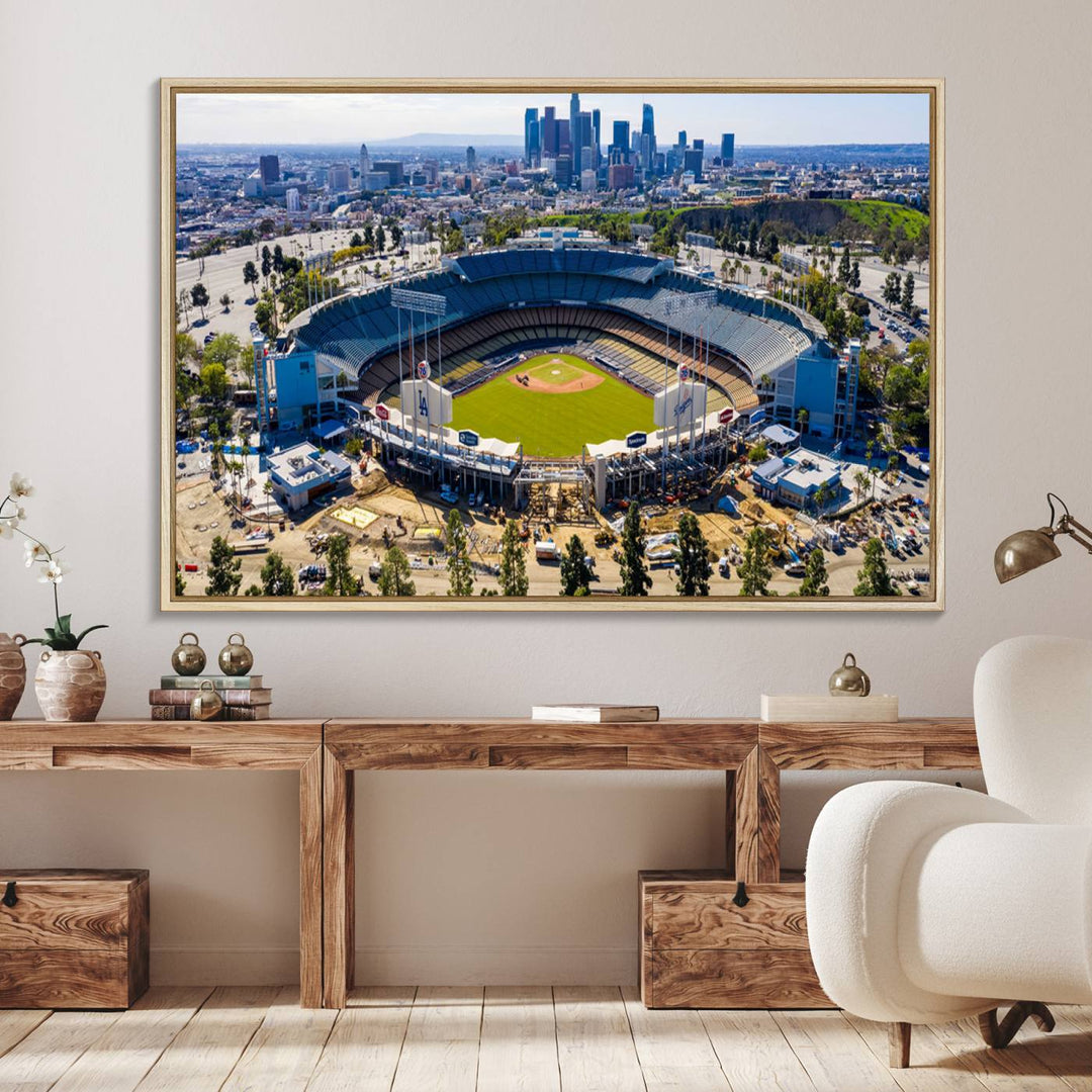 Aerial view of Dodger Stadium city skyline on a premium Los Angeles Dodgers MLB canvas print.