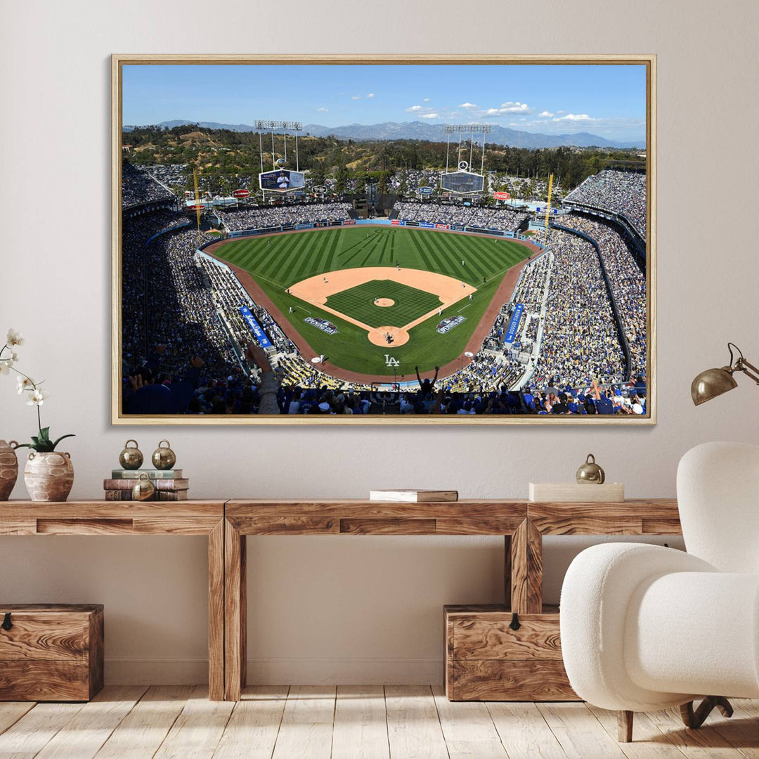 Aerial view of Dodger Stadium captured in gallery-quality on a Dodgers wall art canvas.