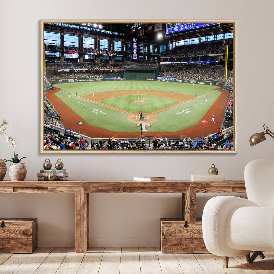 Admire the Texas Rangers Wall Art showcasing Globe Life Fields covered stadium and its lively crowd.