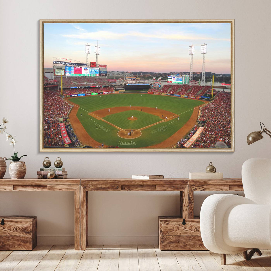 Cincinnati Reds game at sunset: Stadium wall art canvas.