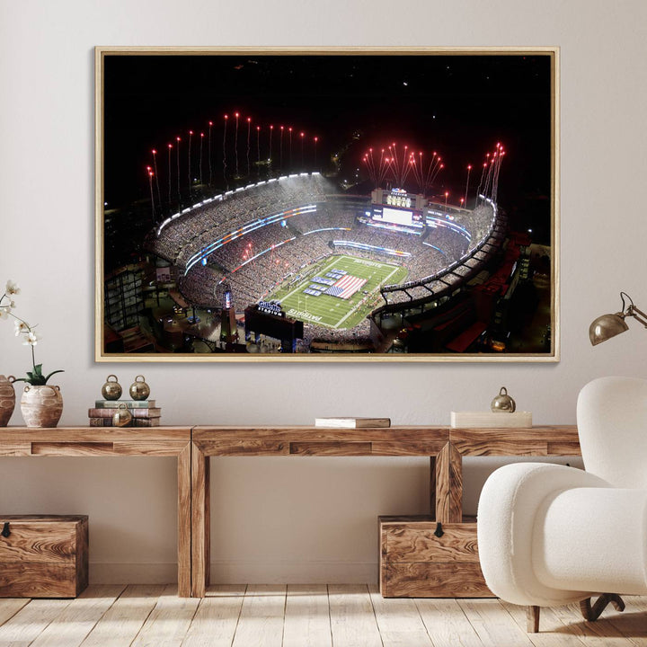 Aerial view of Gillette Stadium with fireworks and flag—ideal for a New England Patriots canvas print.