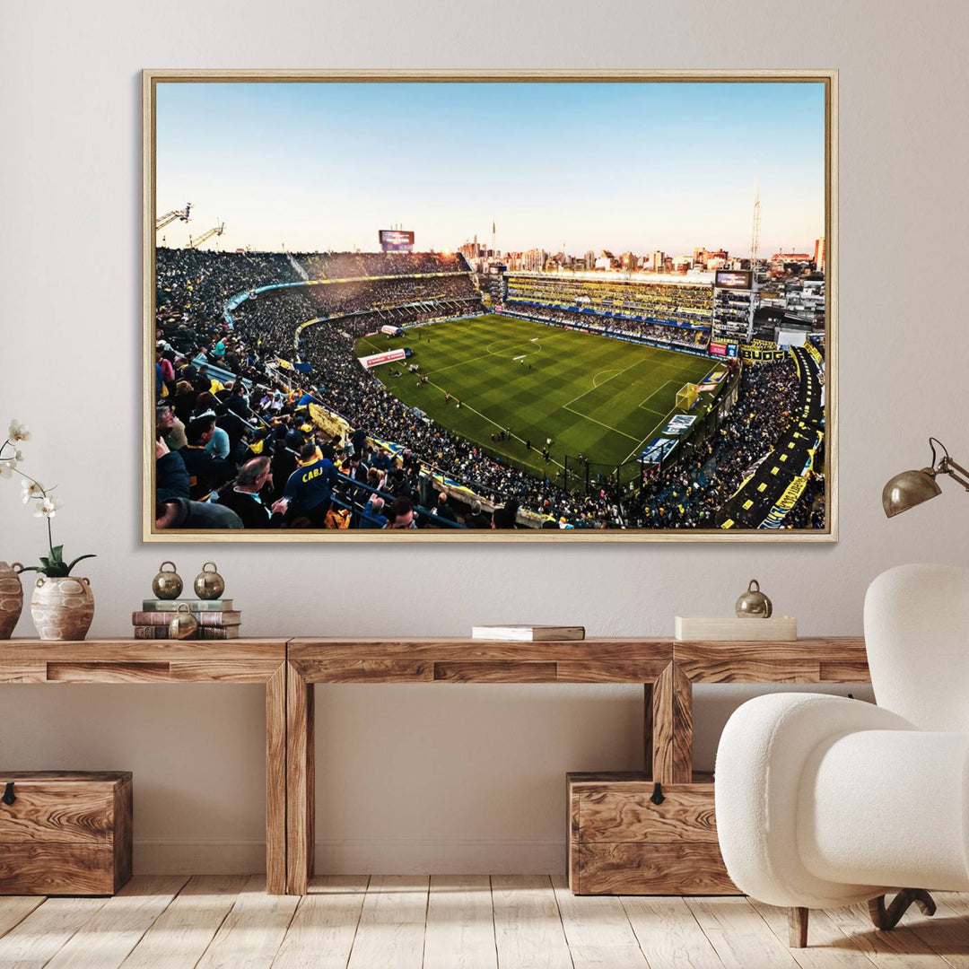 The wall art canvas print vividly captures the dynamic soccer culture at Bombonera Stadium with its vibrant depiction.