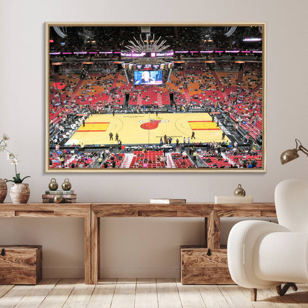 A Miami Heat Basketball Print showcases Kaseya Center Stadium Wall Art with a grand scoreboard.