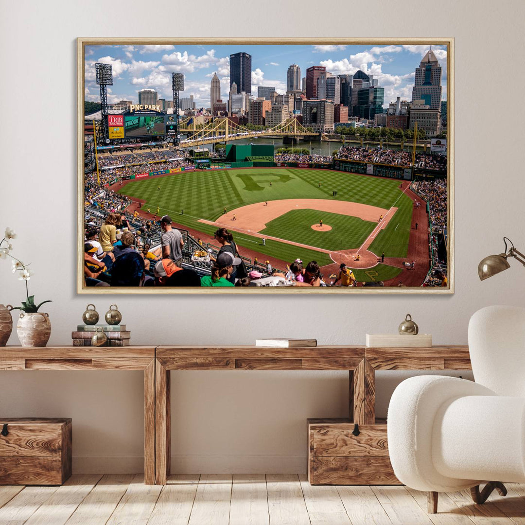 PNC Park Stadium canvas print features a lush field and city skyline, ready to hang.