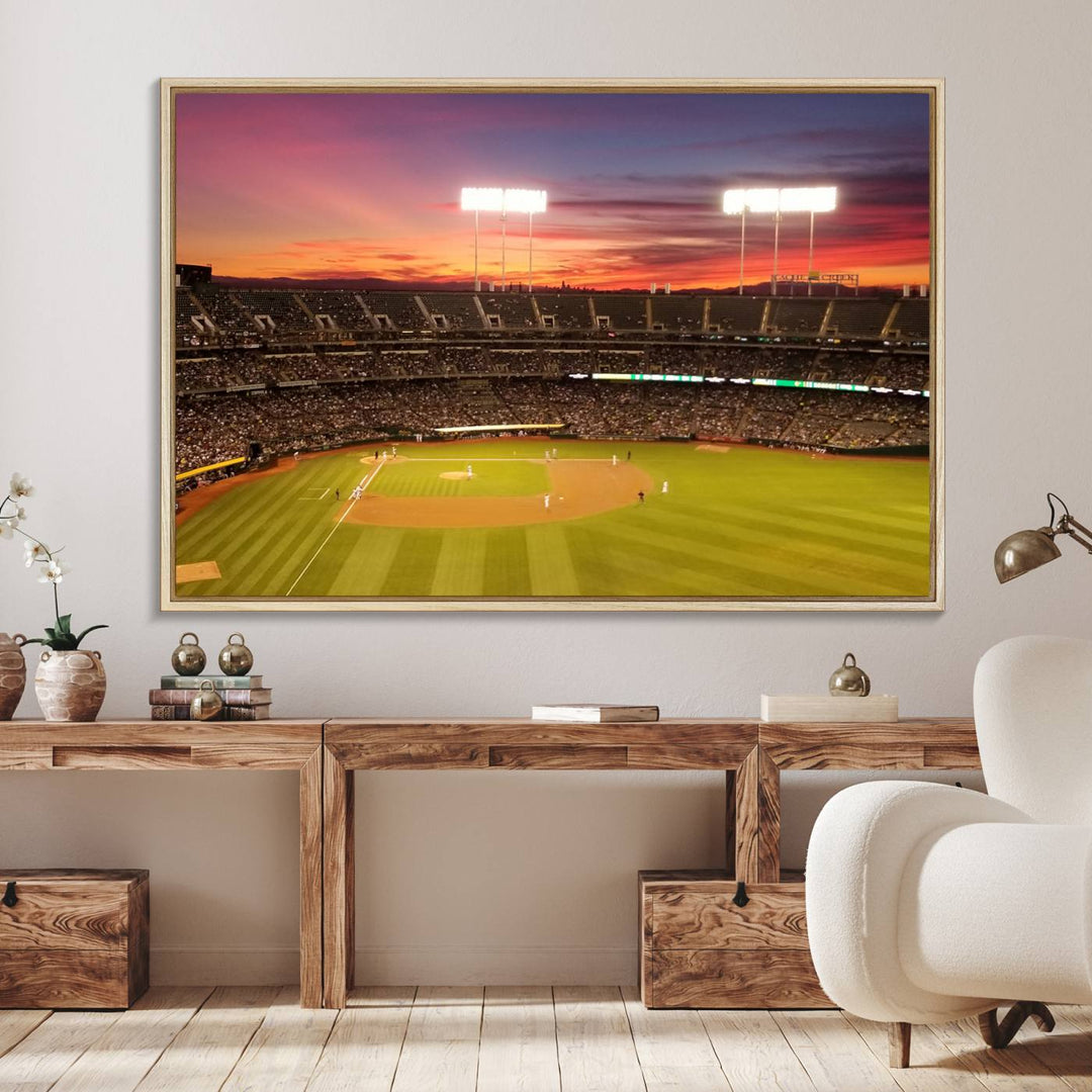 The Oakland Coliseum print is a museum-quality canvas depicting a full crowd and a sunset.