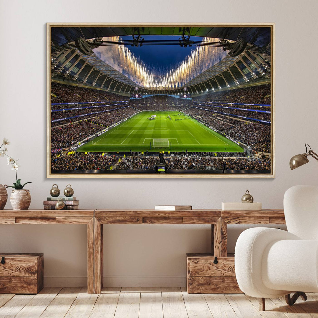 A stunning Tottenham Hotspur Stadium wall art captures the energy of a stadium packed with fans and vibrant lights.