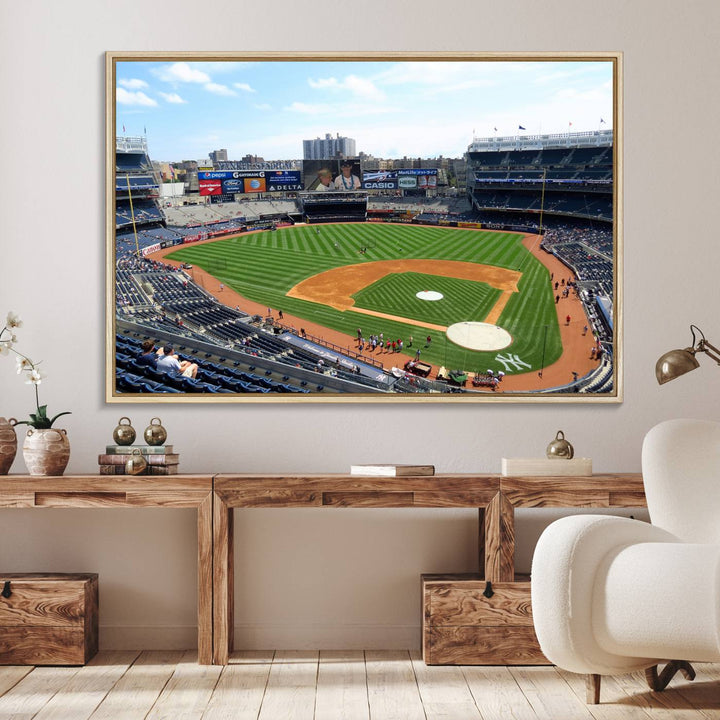 The living room features a Buffalo Bills Stadium wall art.