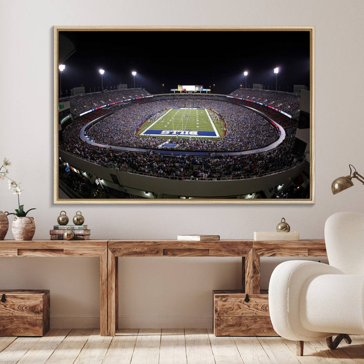 The Buffalo Bills NFL Highmark Stadium at night print captures the bright lights, conveying an exhilarating atmosphere.