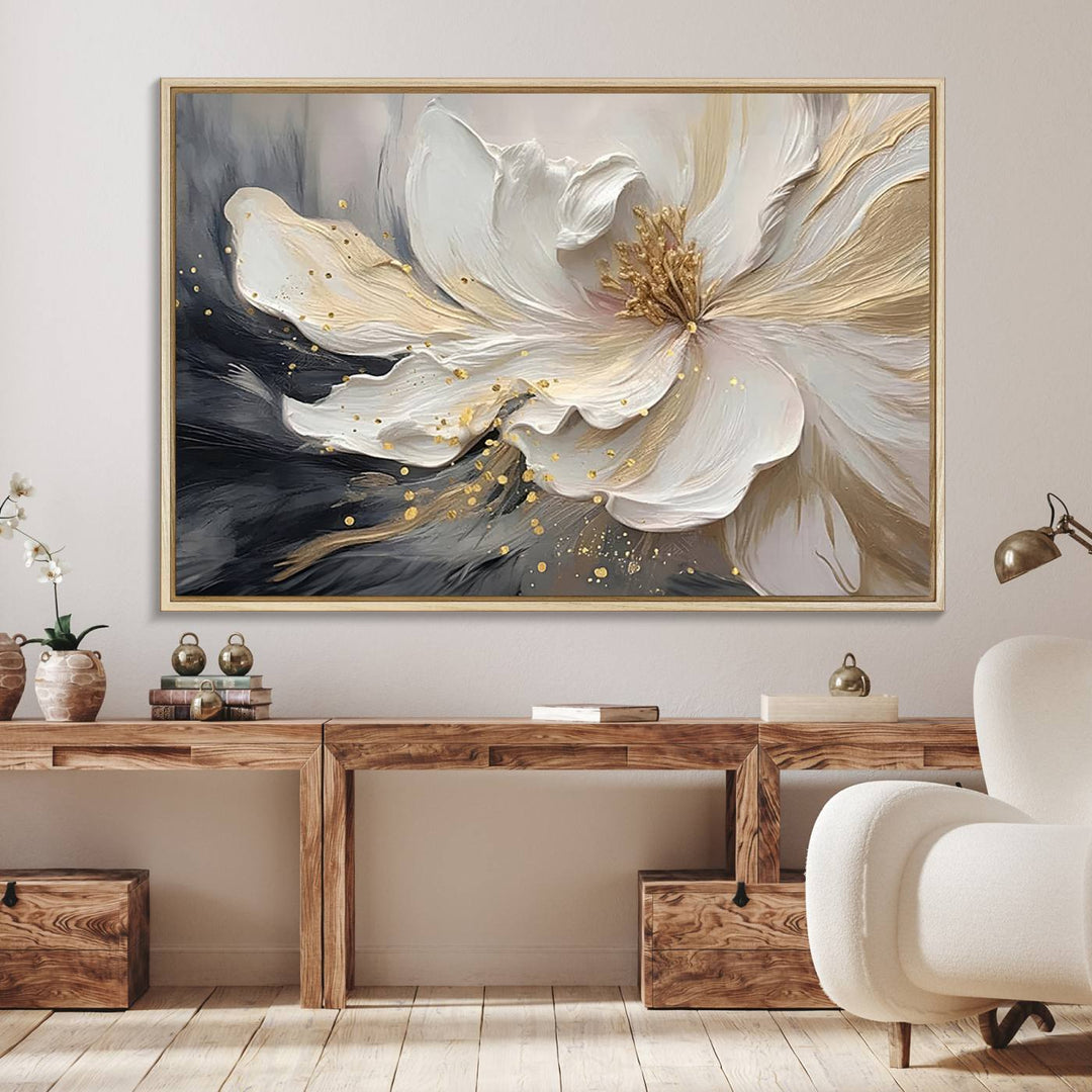 The abstract floral wall art canvas print features a large flower with gold accents.