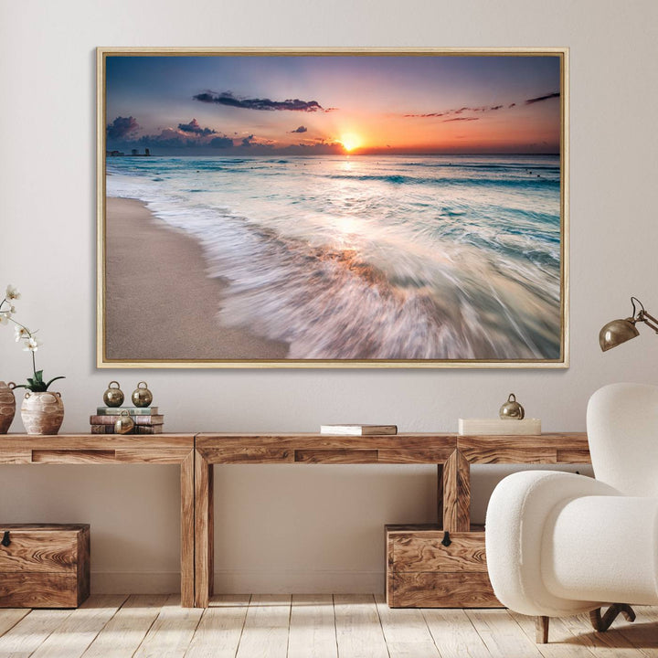 The Sunset Beach Wall Art adds tranquility to the living room.