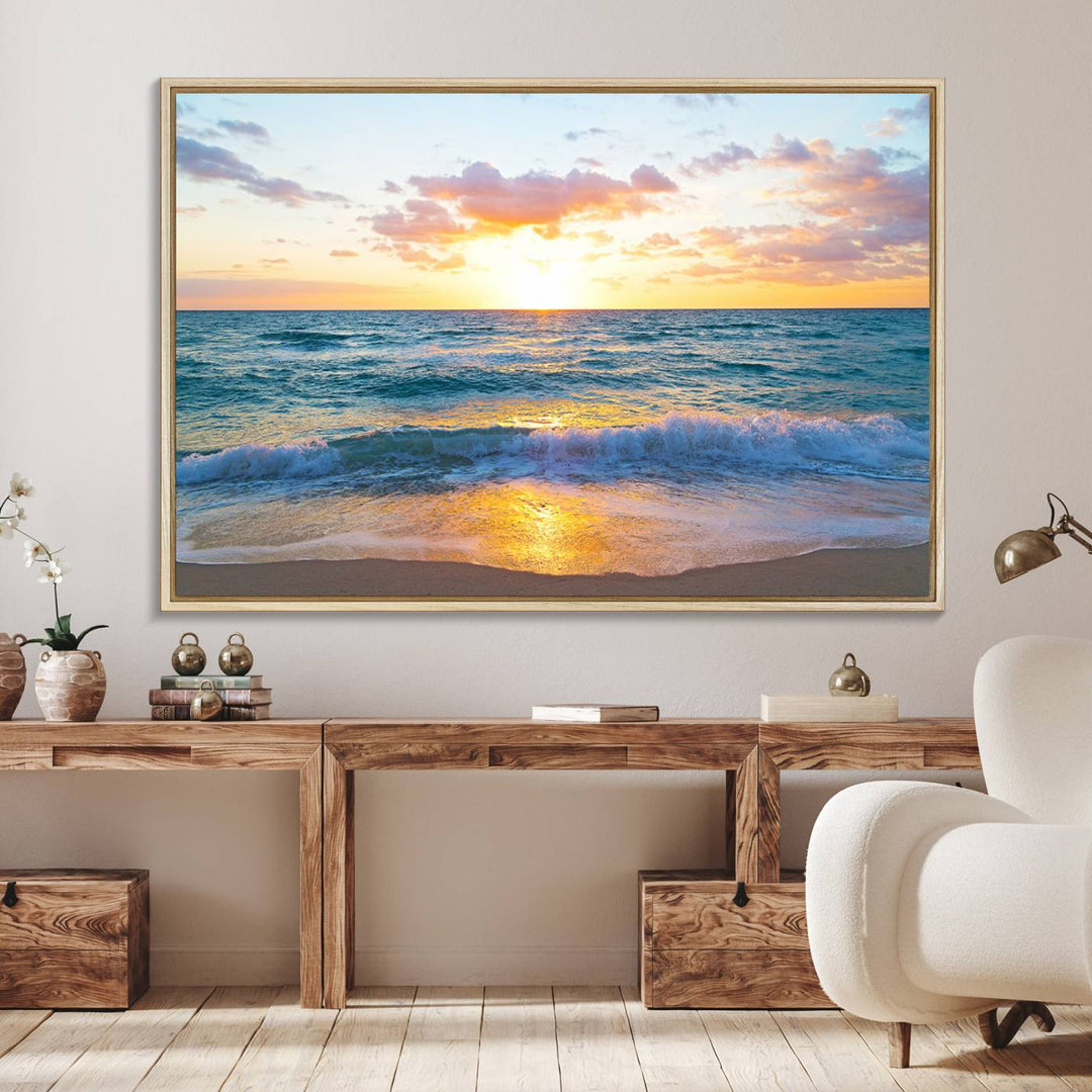 The Golden Sunset Over Ocean Waves painting depicts a vibrant sky.