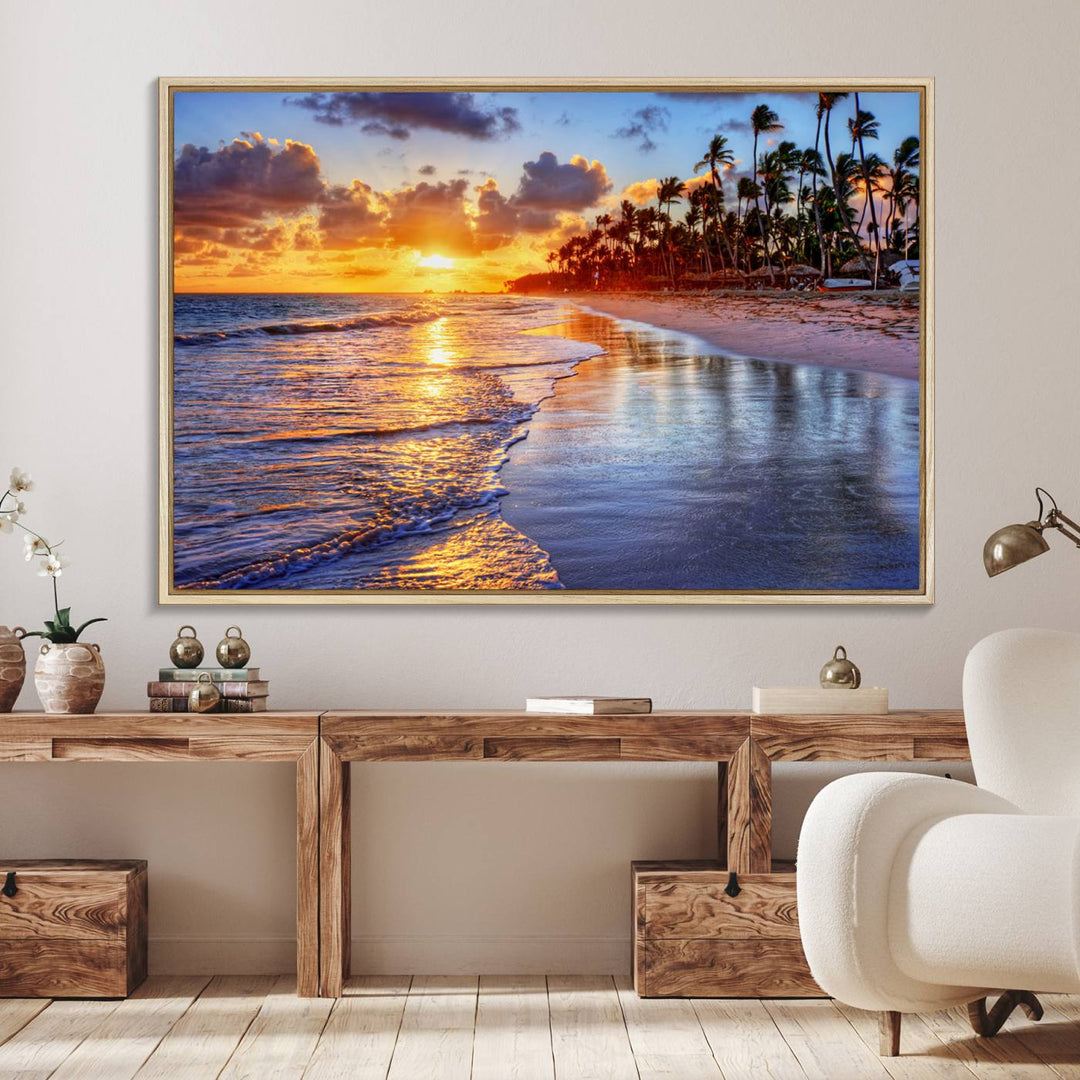 Serene Beach Sunset Wall Art Canvas featuring ocean waves hangs prominently.