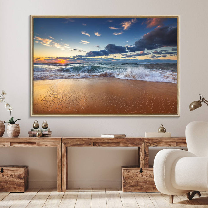 A Beach Canvas Wall Art depicting ocean waves and a tranquil sunset hangs above, capturing the serene beauty of coastal scenery.