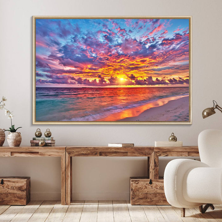 The Vibrant Sunset Beach Wall Art hangs prominently on the wall.