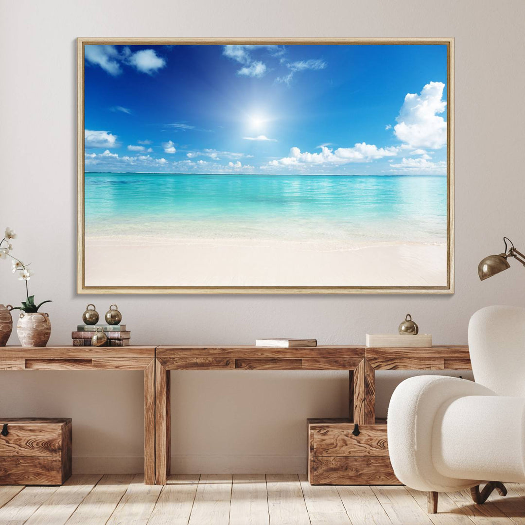 The Blue Ocean Wall Art Canvas Print hangs, creating a tranquil paradise.