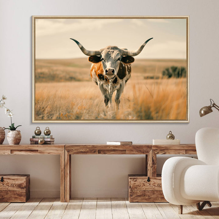 The Texas Cow Longhorn Wall Art Canvas adds rustic charm to the decor.