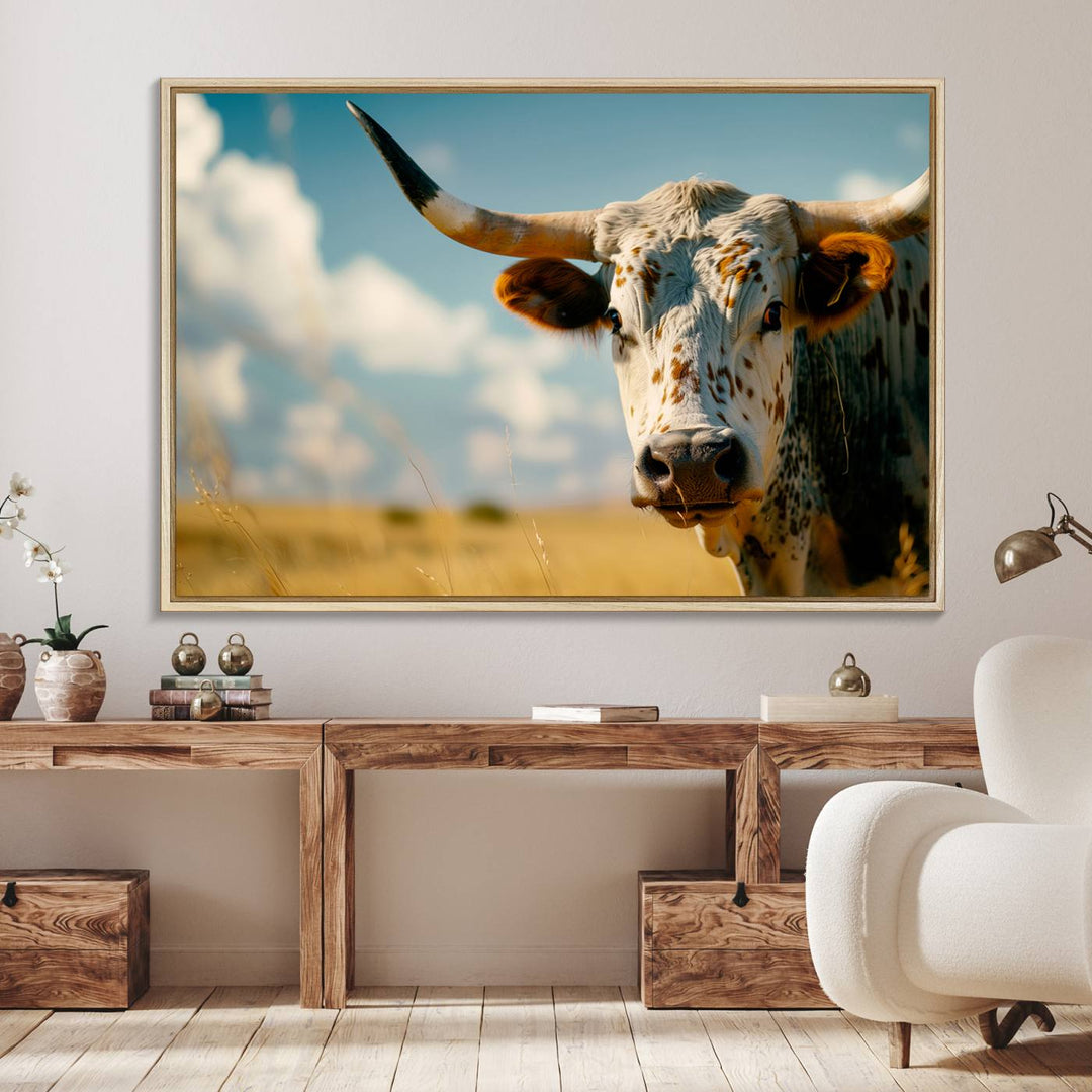 The Longhorn in the Prairie triptych cowboy wall art is ideal for western decor.