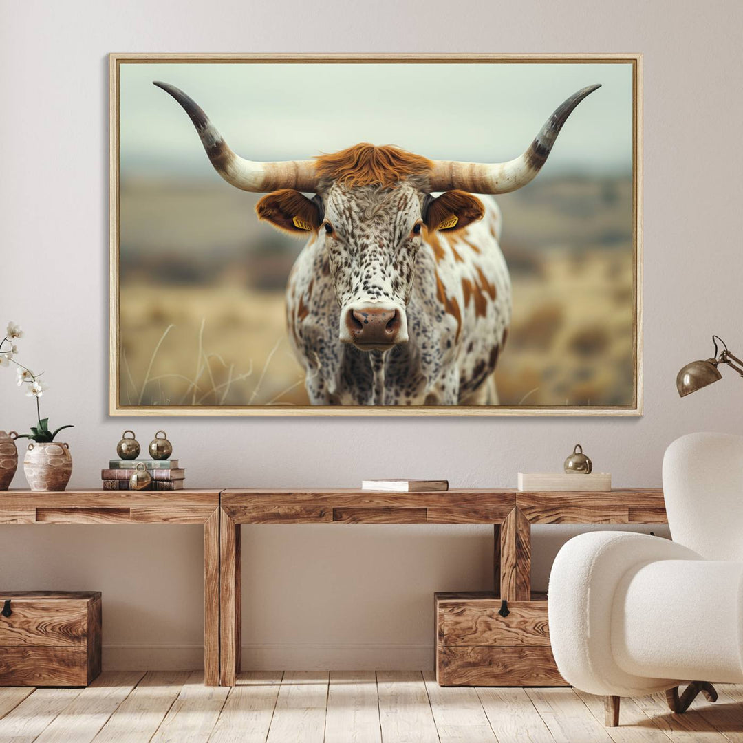 The Texas Cow Longhorn Canvas Print hangs, adding Western elegance.