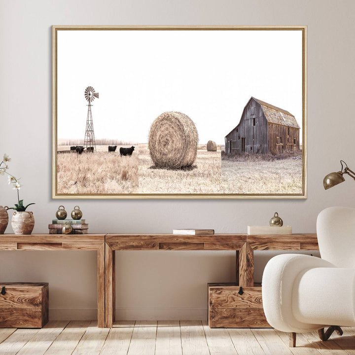 Above the couch, a Rustic Farmhouse Wall Art set depicts a barn and wheat field.