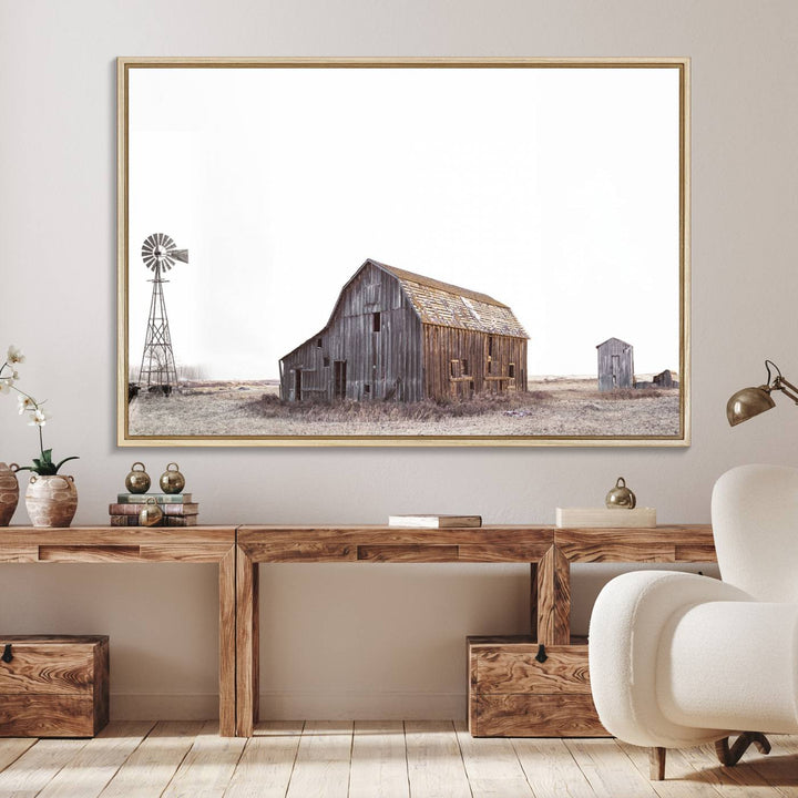 The Set of 3 Rustic Farmhouse Wall Art Prints features a barn, wheat field, and landscape.