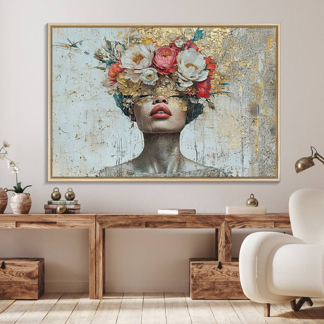 Golden Petal Canvas Print of a silhouette woman with a floral head creates a captivating focal point in the space.