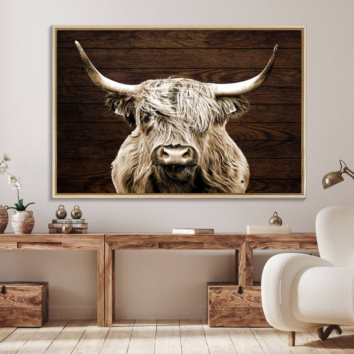 Highland Cow Wall Art Canvas Print: Majestic Scottish bull on rustic decor, ready to hang.